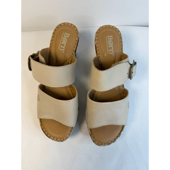 Born Wedge Sandal Womens Size 7M Off White Leather Floral Print Open Toe Shoes - Picture 3 of 12